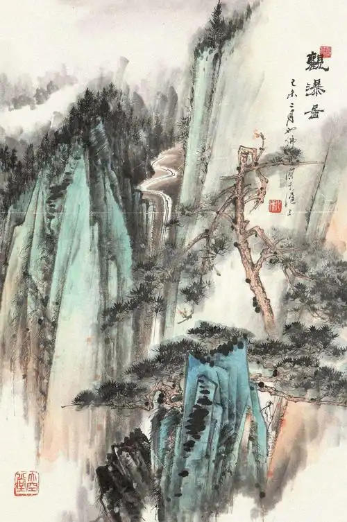 胡也佛 观瀑图 立轴 设色纸本作品欣赏