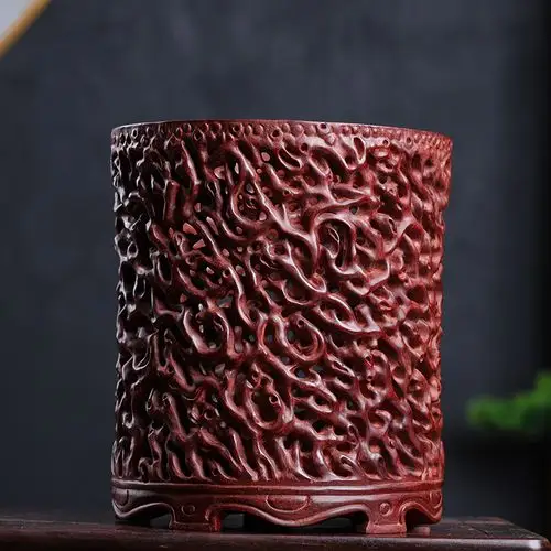 鼎盛福赞比亚血檀非洲小叶紫檀树盘根笔筒木雕摆件文房文玩雕刻工艺品