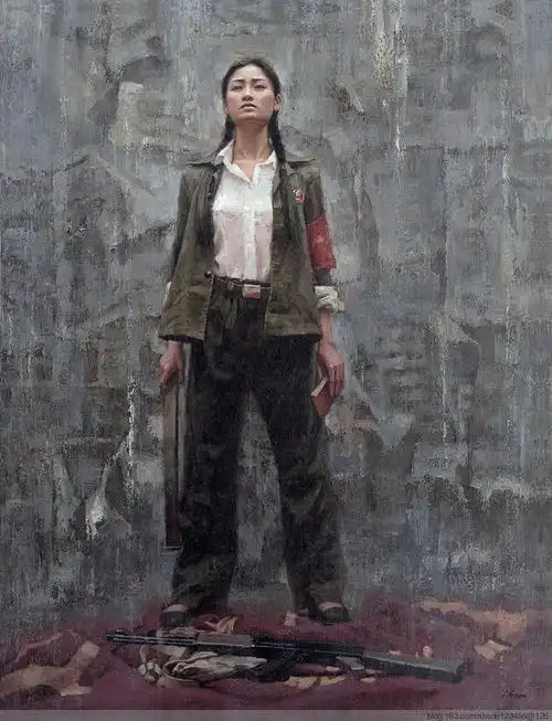 文革时期红卫兵女兵人物油画作品