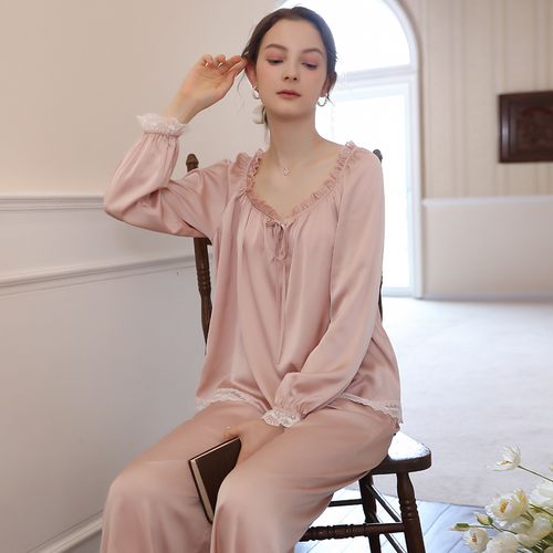 法式宫廷丝绸睡衣女夏两件套冰丝夏季真丝长袖睡衣