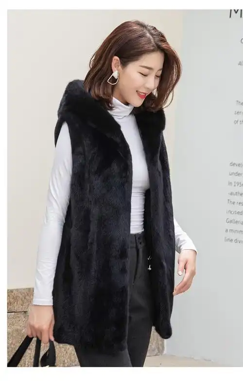 21新款进口水貂马甲背心貂皮坎肩连帽水貂毛皮草马甲中长款外套女进口