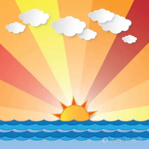 日出日落在海洋和海洋的地平线上.阳光照射到多云的天空.矢量图形设计