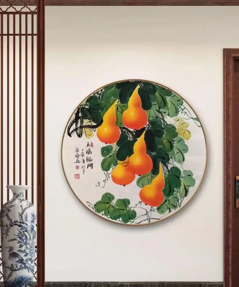 圆形葫芦《五福临门》##国画 #国画葫芦 #纯手绘国画  - 抖音