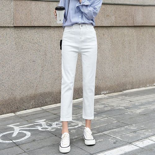 白色哈伦直筒牛仔裤女装九分春夏秋季韩版学生新款高腰显瘦烟管裤