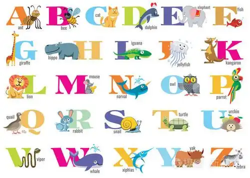 有可爱的小动物的儿童英语字母表