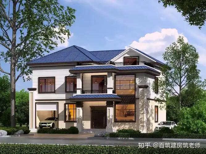 新中式二层自建房斜坡屋顶阁楼带车库