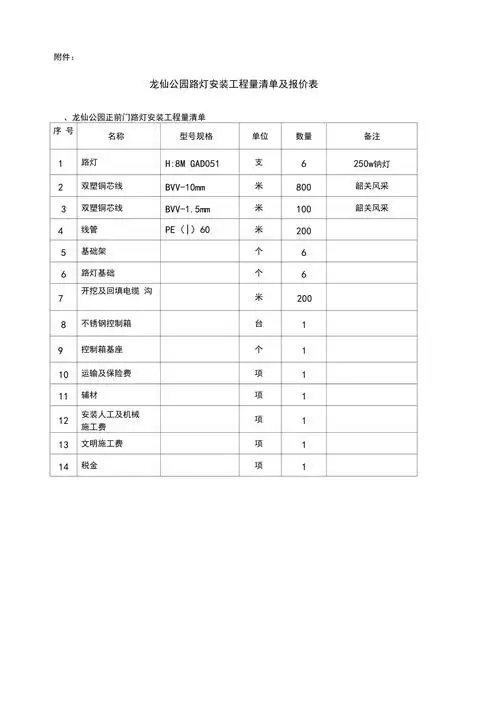 龙仙公园路灯安装工程量清单及报价表