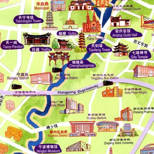 正版宁波手绘城市地图 林海绘 中华地图学社 宁波城区图中英地名 鼓楼