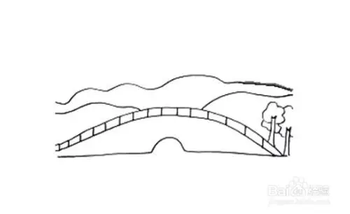 再用波浪线画出远处的山,再画出断桥右侧的树