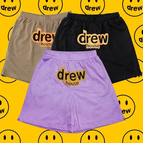 drew笑脸印花网眼短裤justinbieber同款高街宽松休闲裤