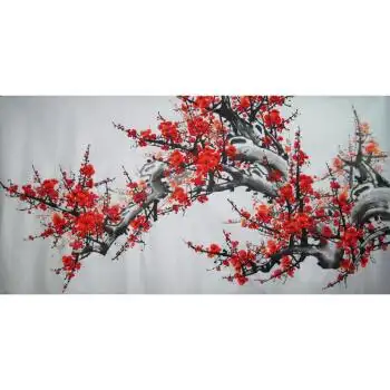 纯手绘四尺梅花国画报春图横幅花鸟画客厅装饰字画红梅迎春_ 7折现价