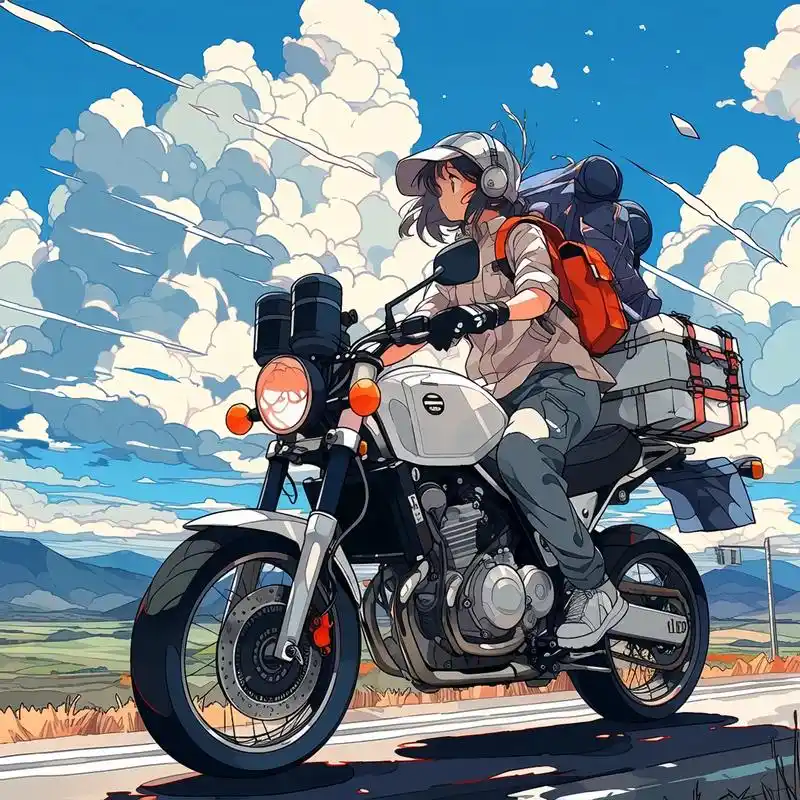 年轻的女孩骑着摩托车悠然行驶在乡村的公路上,她的身影与大自然融为