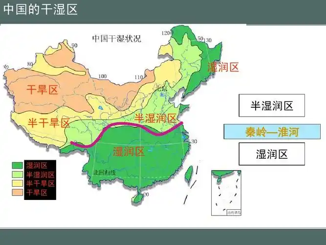 中国的干湿区 湿润区 干旱区 半湿润区 半干旱区 半湿润区 秦岭—淮河
