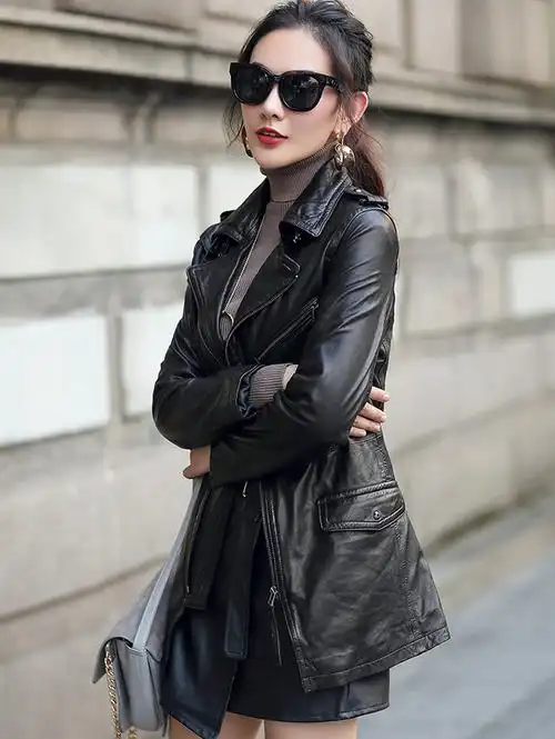 泊诗兰新款真皮皮衣女中长款机车绵羊皮夹克风衣外套p5147l