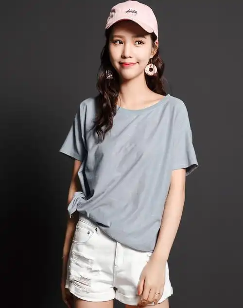 灰蓝色 侧开叉圆领落肩袖t恤