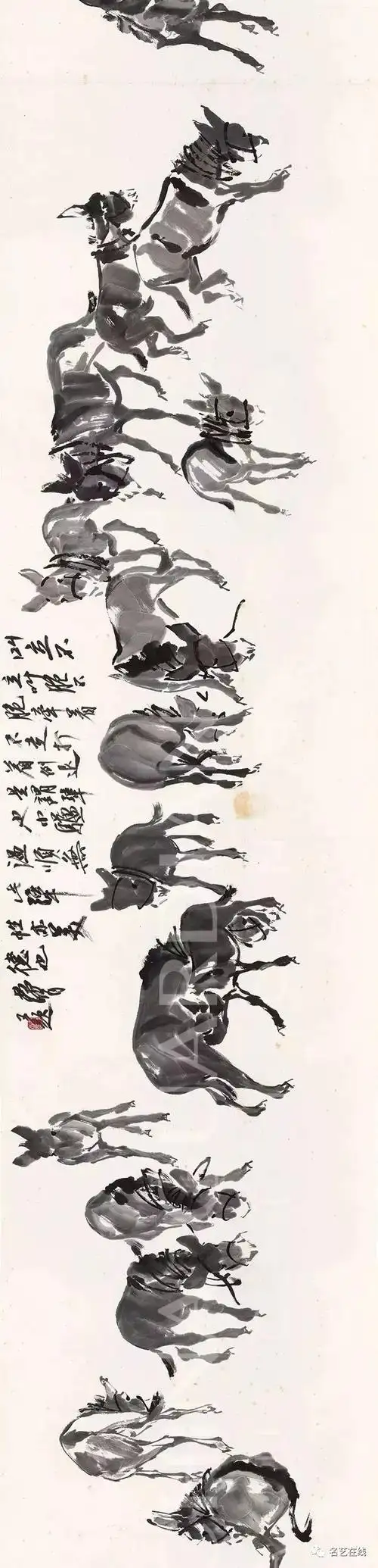 加之前后自题引首和后纸,长度逾21米,共绘119头毛驴,堪称黄胄画驴第一