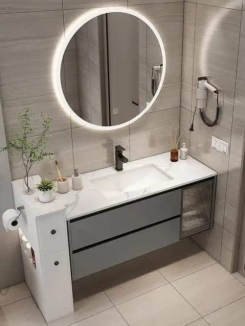 卫生间洗手池洗脸洗漱台岩板陶瓷一体盆北欧智能07米智能圆镜轻奢灰