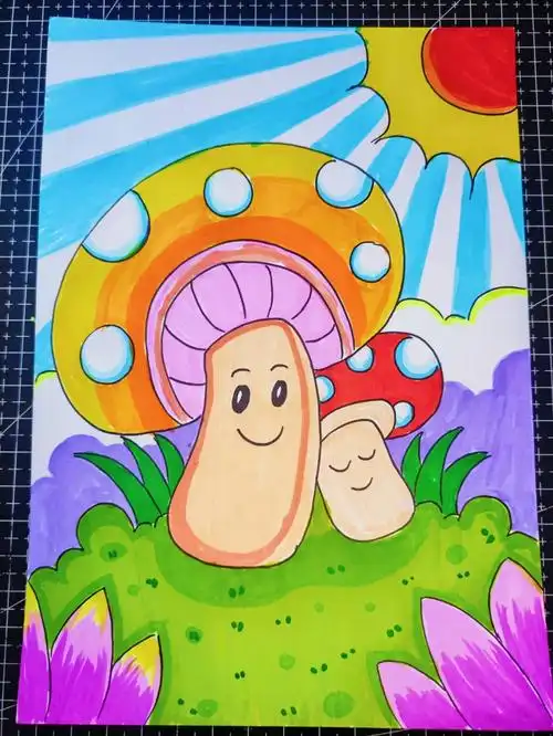 水彩笔儿童画可爱的蘑菇