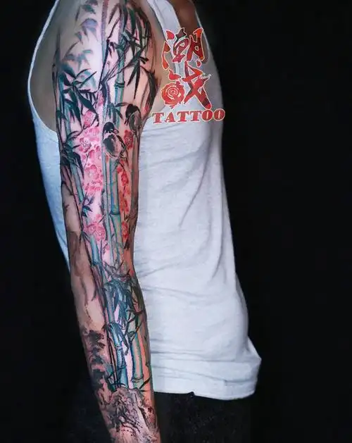 国风花臂纹身图片_手臂水彩新传统花臂纹身图案