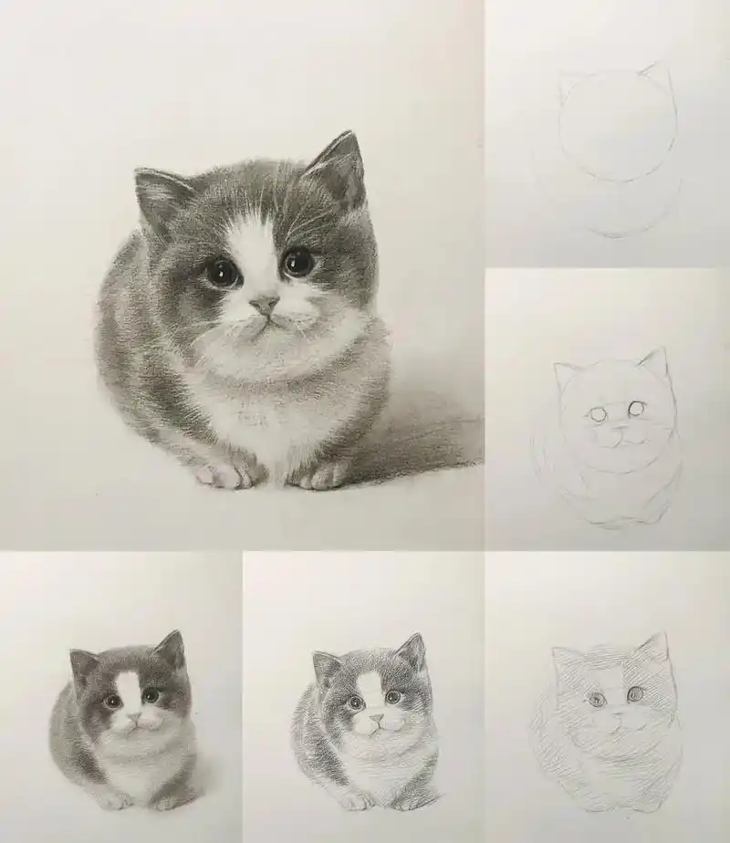 超可爱的素描猫咪步骤详解  ①先画1大1小2圆,大的代表身子 - 抖音