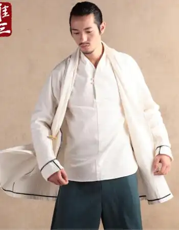 唯三中国风无忌长衫汉服上衣唐装外套民族风亚麻棉麻男士风衣秋 月白
