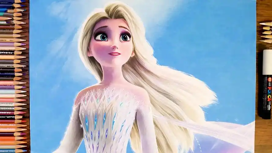 手工彩笔画作品冰雪女王艾莎的快速画法