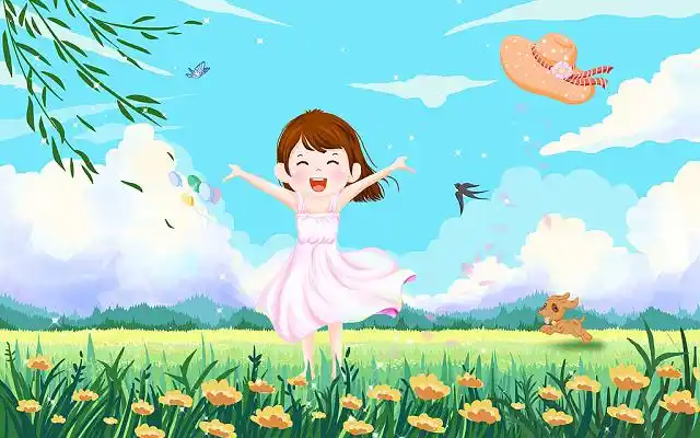 春天女孩青草地春游旅行卡通风景可爱人物户外自然插画卡通春天人卡通