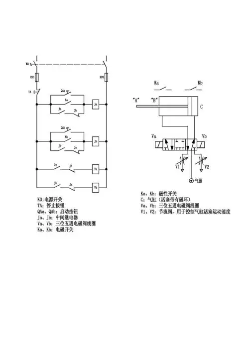 五通电磁阀亮个磁性开关继电器控制气缸再a,b两点做往返运动求电路图
