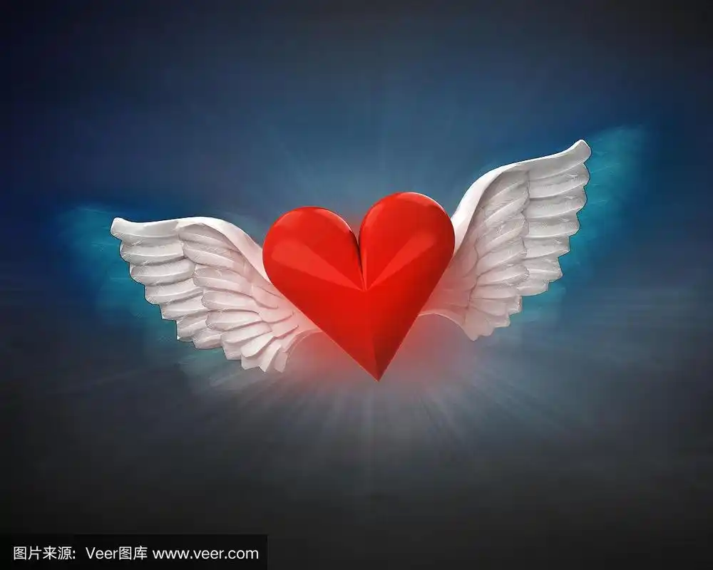 爱的心带着天使的翅膀在黑暗的天空飞翔
