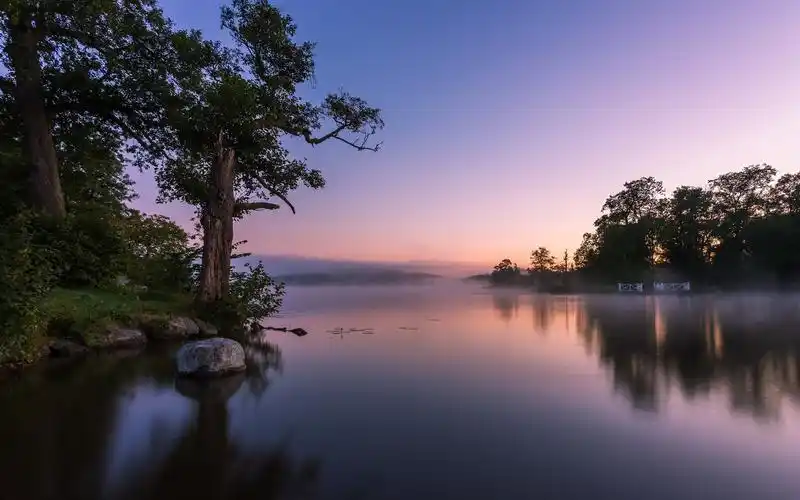 壁纸 平静的湖面,雾,岩石,树木,早上 1920x1200 hd 高清壁纸, 图片,