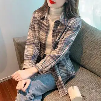 欧倩姗小个子格子衬衫女春秋款外穿磨毛加厚女内搭早秋季秋装新款上