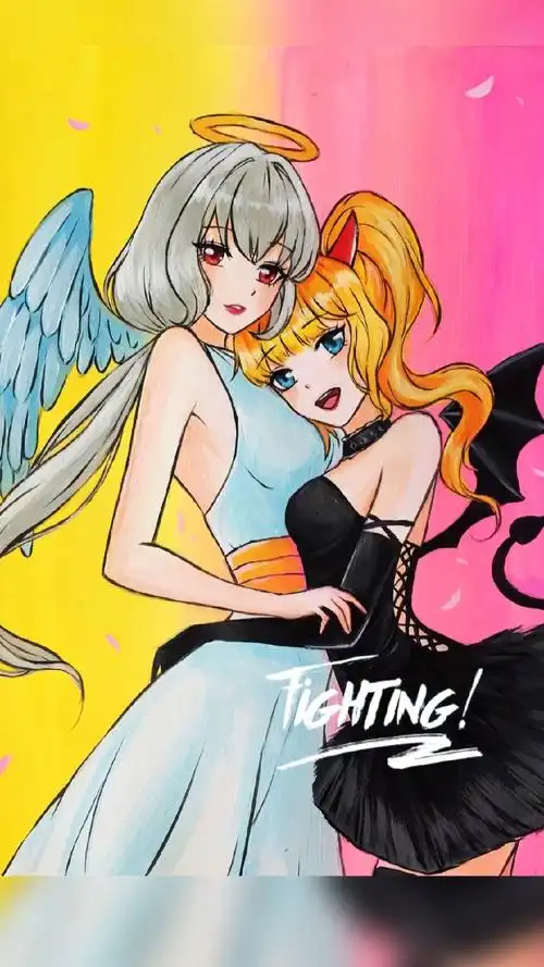 画画#老爸画的天使与魔鬼vs我画的天使与恶魔,两姐妹情同手足～-接