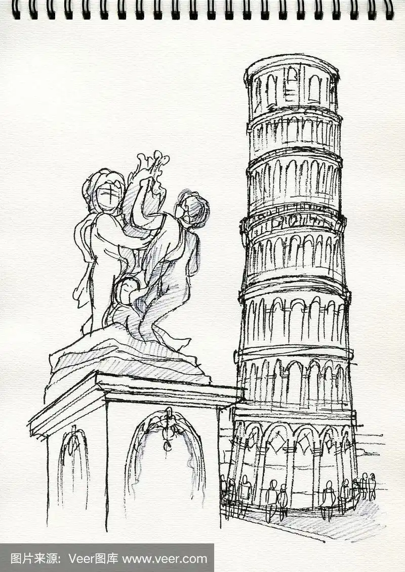 意大利比萨斜塔手绘插图