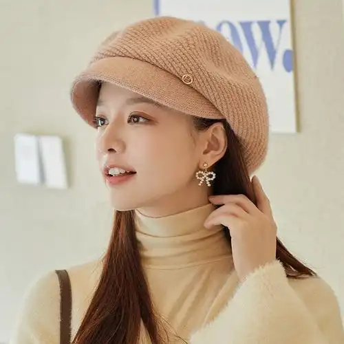 帽子女秋冬洋气雷帽女冬季百搭圆脸画家帽混纺针织保暖八角毛线帽