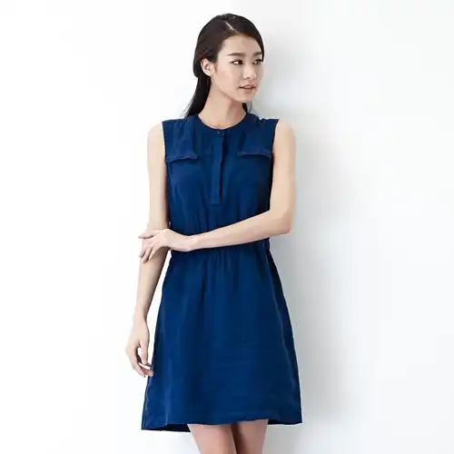 初棉夏装纯亚麻无袖连衣裙棉麻长裙纯色亚麻女装连衣裙夏