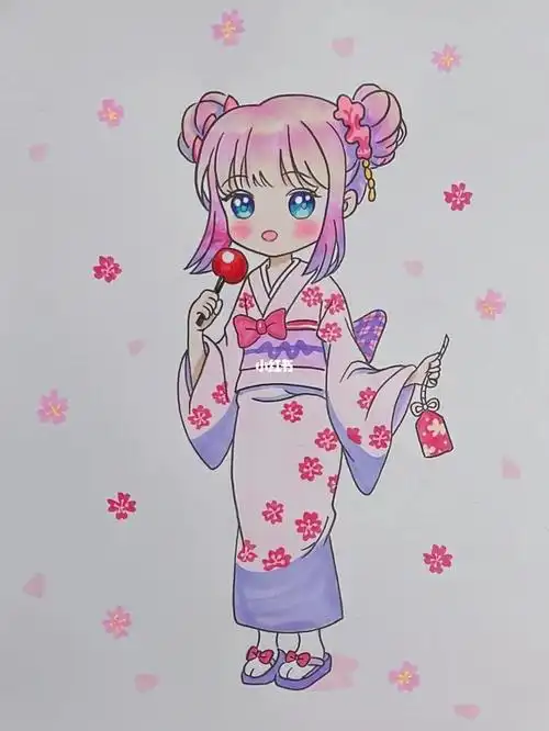 马克笔动漫手绘樱花女孩和服