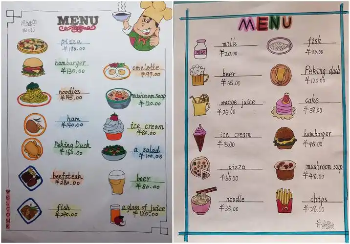 四年级学生在复习食物主题时进行的活动,手绘特色菜单