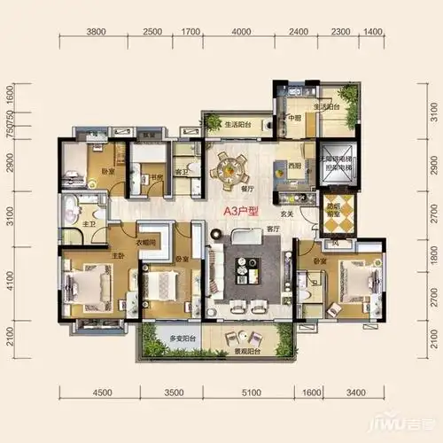 宜昌碧桂园翡翠滨江a3户型 5室2厅3卫户型图_首付金额_5室2厅2卫_220.