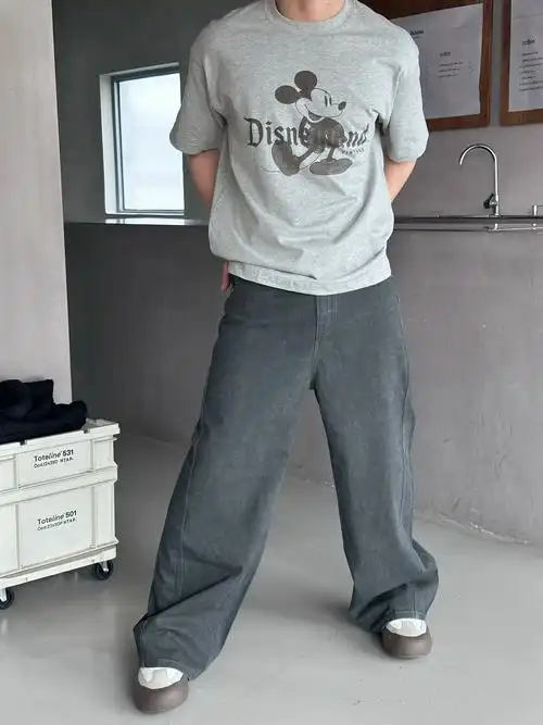 unclesea 廓形砂洗水泥灰高级感牛仔裤男大裤脚堆叠休闲拖地长裤