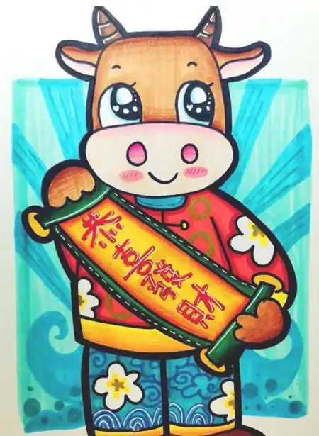 吉祥物牛简笔画带颜色