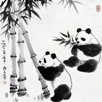 11, 熊猫上竹,吴作人,纸本,作于1980年