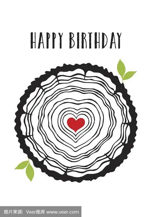 带心形树年轮的生日卡,矢量