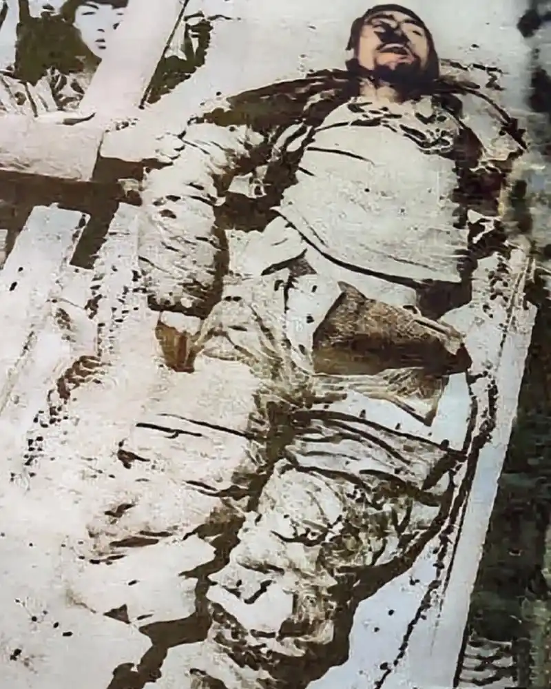 镜头中杨靖宇将军的遗体躺在一块木板上,只见他"衣衫褴褛","满脸血污"