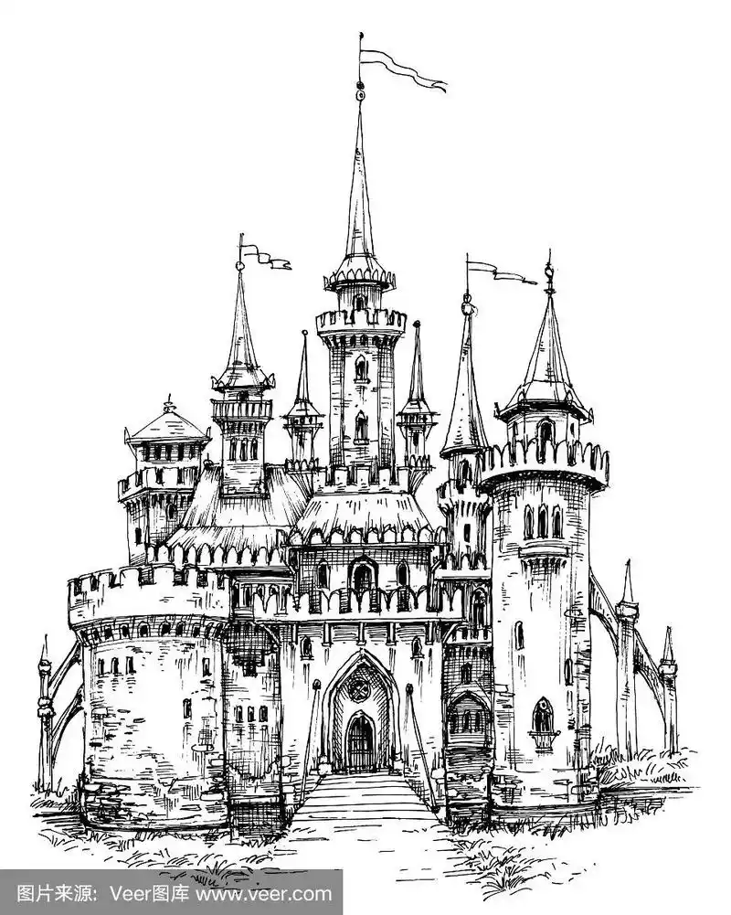 城堡正面视图铅笔手绘准备