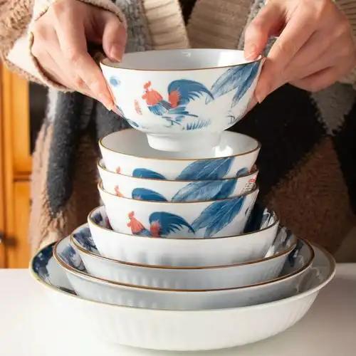 陶瓷怀旧老式鸡公碗菜盘家用大面碗汤碗宫廷碗公鸡饭菜碟单个中式