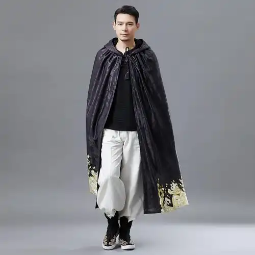 复古麻凡秋季新款 金龙带帽披风 斗篷男中国风印花带帽长款风衣