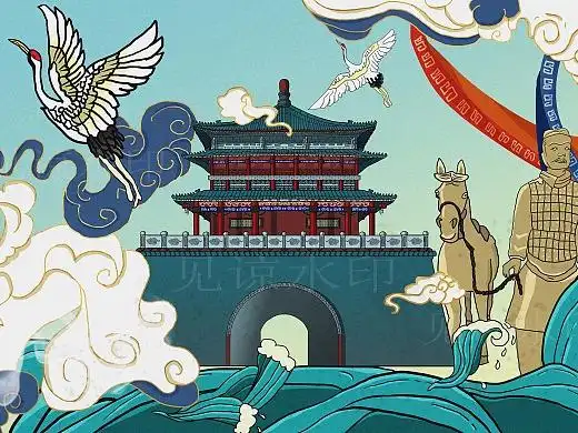 中国风国潮西安钟楼兵马俑手绘画