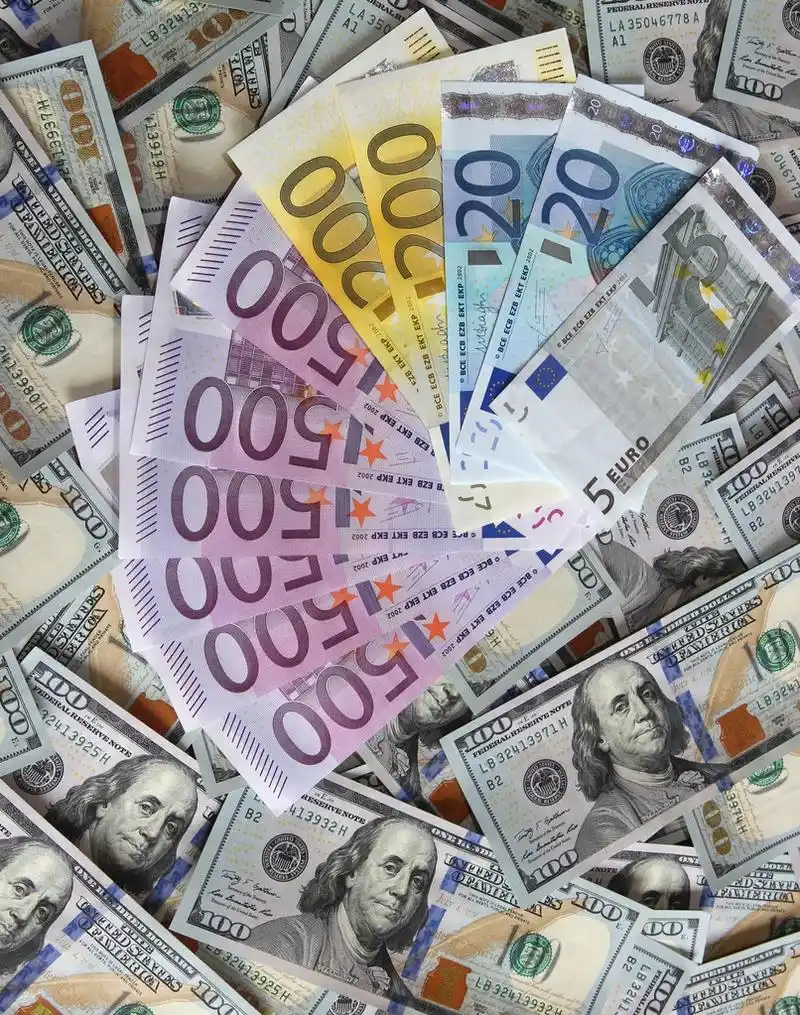 欧元纸币在一百美元纸币的背景上