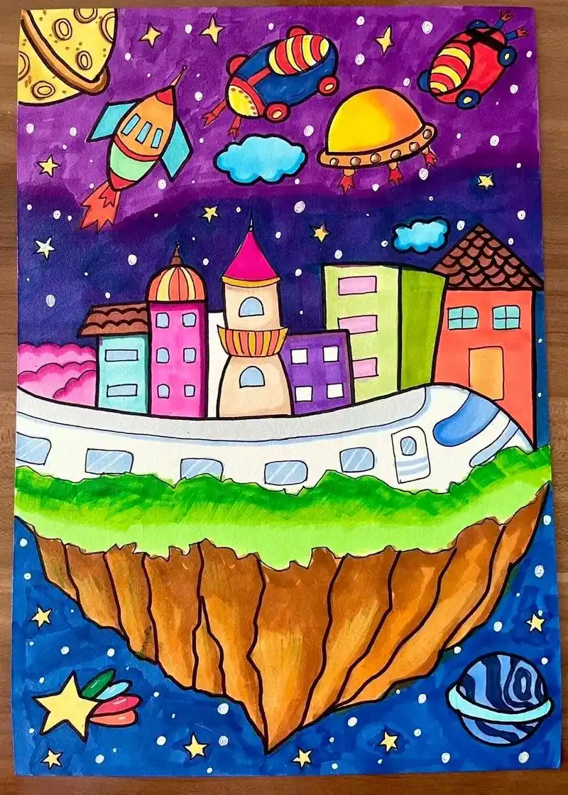 小学科幻画4k纸漂亮一等奖教程 - 抖音