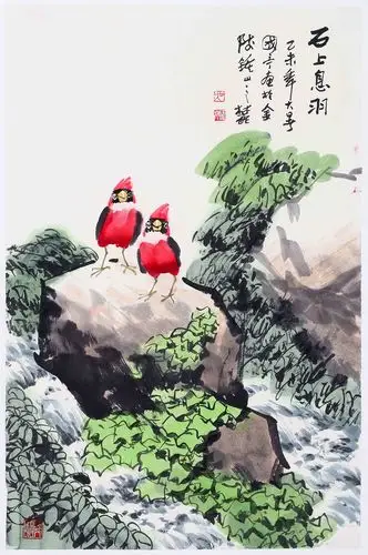 吴国亭精品《石上息羽》当代著名国画大师